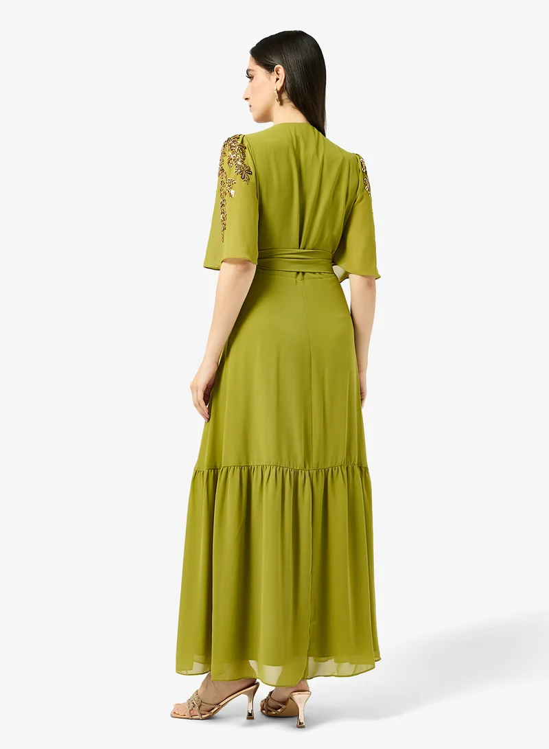 Hope & Ivy Embellished Flutter Sleeve  Wrap   Tie Waist Maxi Dress